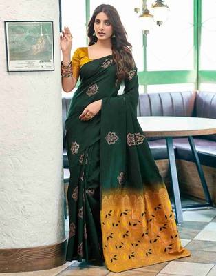 Green yellow silk blend jacuard work festival saree with unstitched blouse piece 1