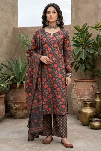 Grey black floral printed straight kurta set for women