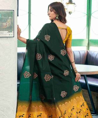 Green yellow silk blend jacuard work festival saree with unstitched blouse piece 2
