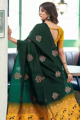 Green yellow silk blend jacuard work festival saree with unstitched blouse piece