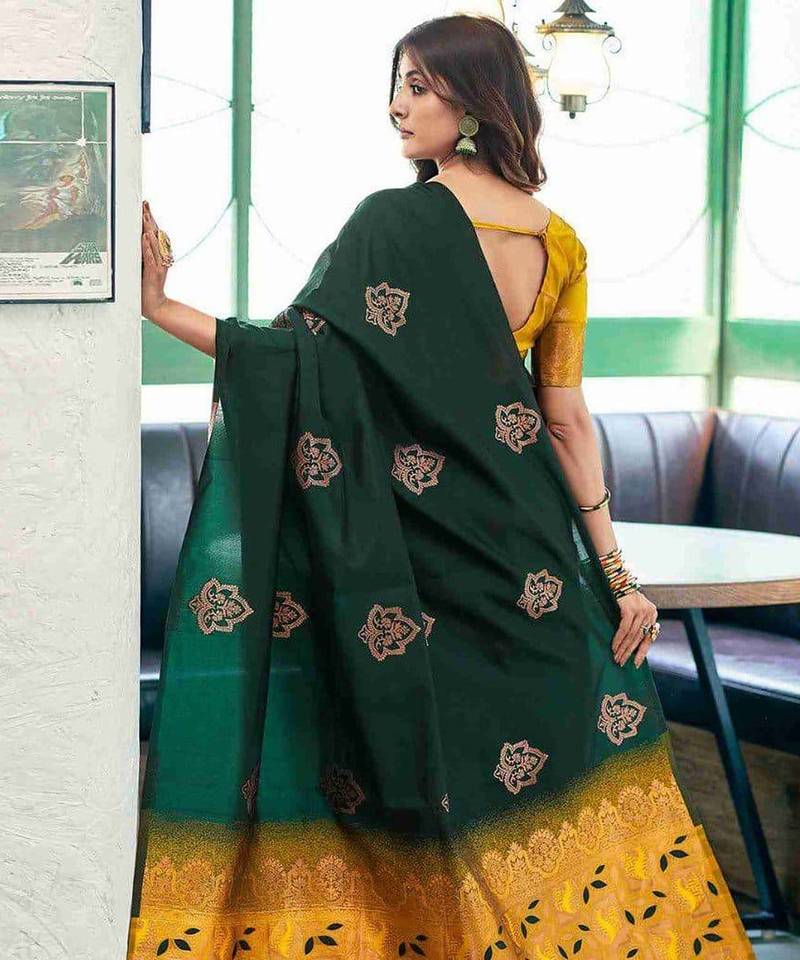 Green yellow silk blend jacuard work festival saree with unstitched blouse piece