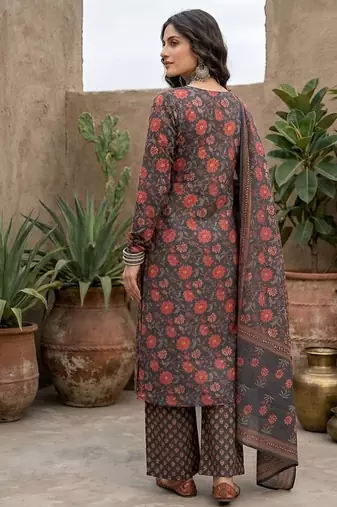 Grey black floral printed straight kurta set for women