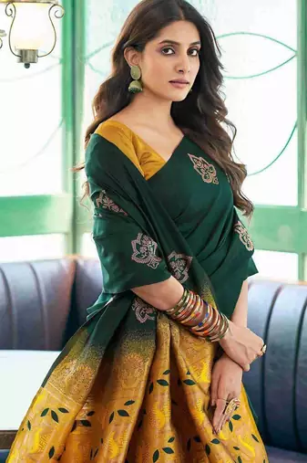 Green yellow silk blend jacuard work festival saree with unstitched blouse piece