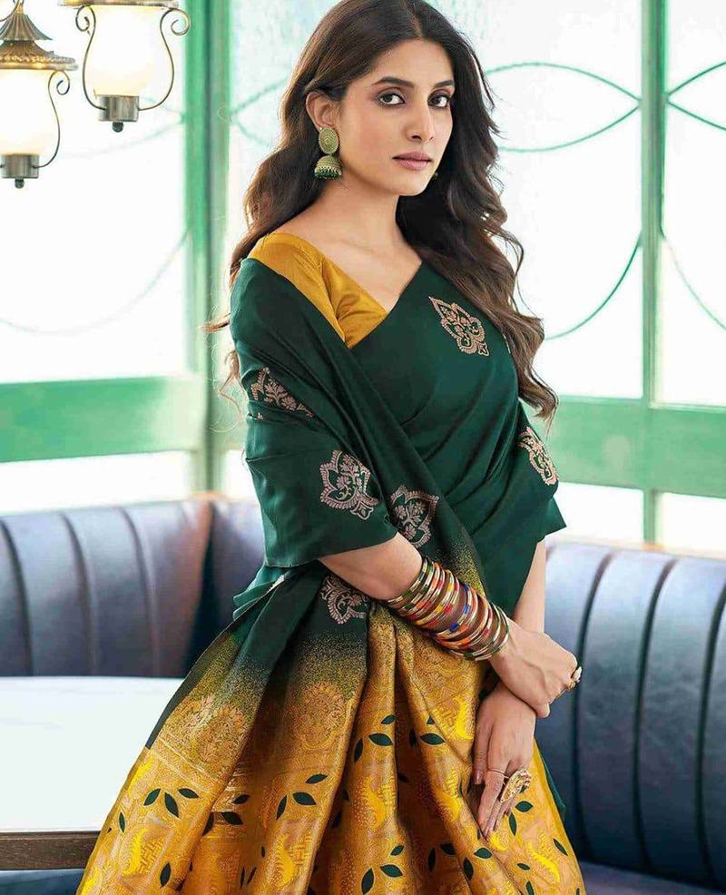 Green yellow silk blend jacuard work festival saree with unstitched blouse piece