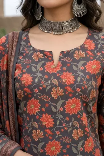Grey black floral printed straight kurta set for women