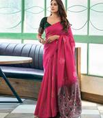 Pink green silk blend jacuard work festival saree with unstitched blouse piece