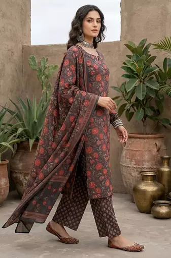 Grey black floral printed straight kurta set for women