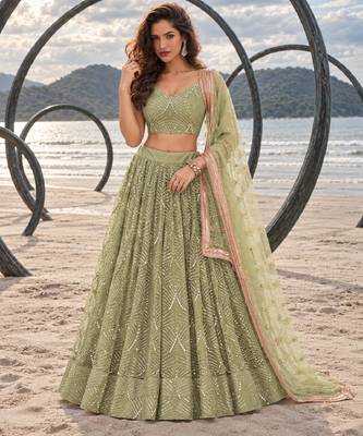 PISTA GREEN NET THREAD WITH ZARI AND SEQUINCE WORK FESTIVE LEHENGA CHOLI SET FOR WOMEN'S 1