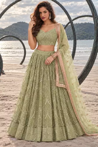PISTA GREEN NET THREAD WITH ZARI AND SEQUINCE WORK FESTIVE LEHENGA CHOLI SET FOR WOMEN'S
