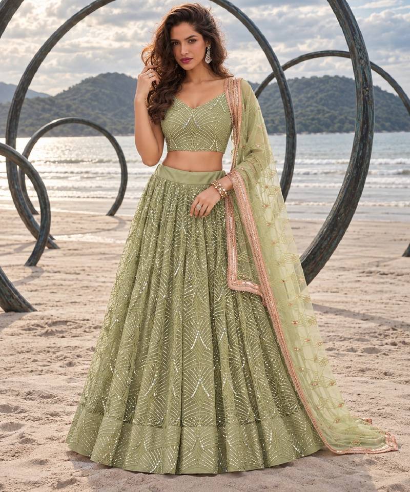 PISTA GREEN NET THREAD WITH ZARI AND SEQUINCE WORK FESTIVE LEHENGA CHOLI SET FOR WOMEN'S