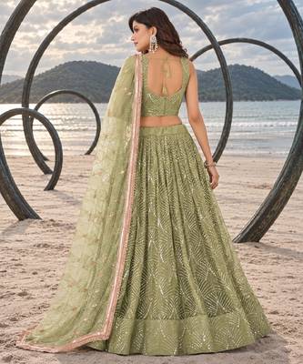 PISTA GREEN NET THREAD WITH ZARI AND SEQUINCE WORK FESTIVE LEHENGA CHOLI SET FOR WOMEN'S 2