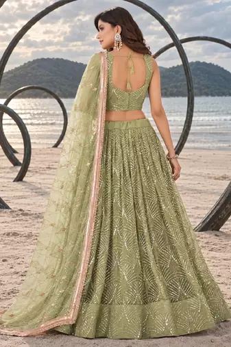 PISTA GREEN NET THREAD WITH ZARI AND SEQUINCE WORK FESTIVE LEHENGA CHOLI SET FOR WOMEN'S