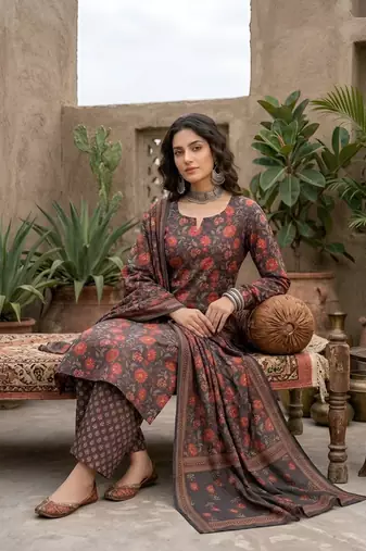 Grey black floral printed straight kurta set for women