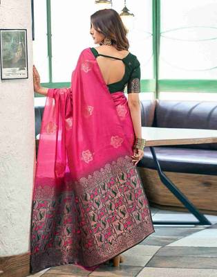Pink green silk blend jacuard work festival saree with unstitched blouse piece 3