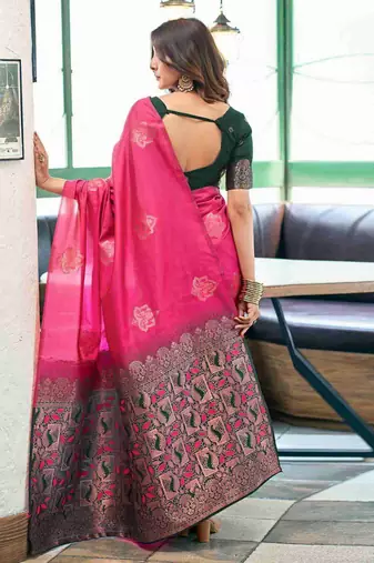 Pink green silk blend jacuard work festival saree with unstitched blouse piece