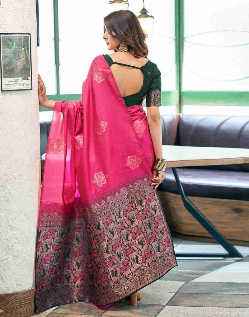 Pink green silk blend jacuard work festival saree with unstitched blouse piece