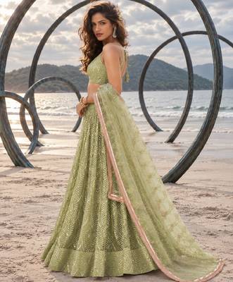 PISTA GREEN NET THREAD WITH ZARI AND SEQUINCE WORK FESTIVE LEHENGA CHOLI SET FOR WOMEN'S 3