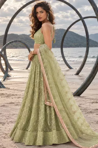 PISTA GREEN NET THREAD WITH ZARI AND SEQUINCE WORK FESTIVE LEHENGA CHOLI SET FOR WOMEN'S