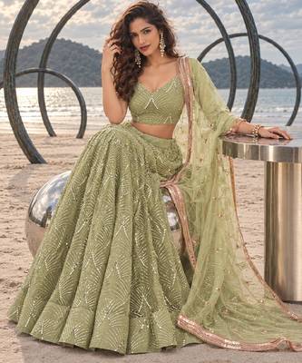 PISTA GREEN NET THREAD WITH ZARI AND SEQUINCE WORK FESTIVE LEHENGA CHOLI SET FOR WOMEN'S 4