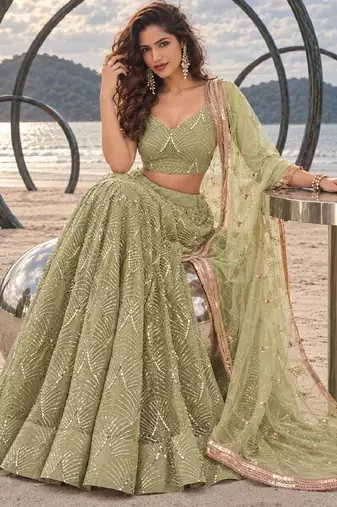 PISTA GREEN NET THREAD WITH ZARI AND SEQUINCE WORK FESTIVE LEHENGA CHOLI SET FOR WOMEN'S