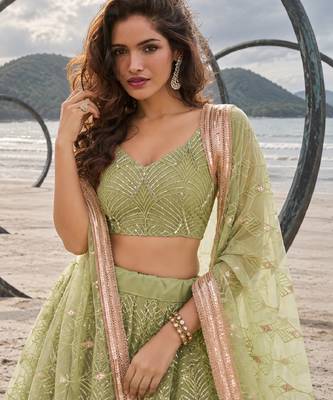 PISTA GREEN NET THREAD WITH ZARI AND SEQUINCE WORK FESTIVE LEHENGA CHOLI SET FOR WOMEN'S 5