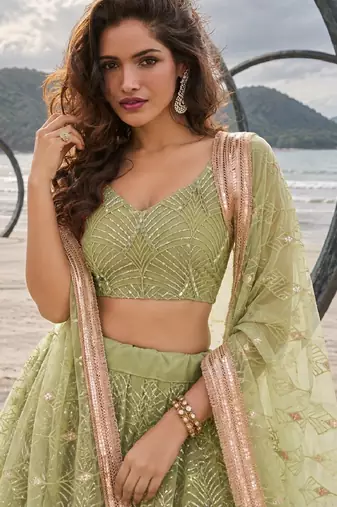 PISTA GREEN NET THREAD WITH ZARI AND SEQUINCE WORK FESTIVE LEHENGA CHOLI SET FOR WOMEN'S
