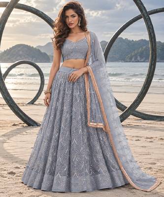 GREY NET THREAD WITH ZARI AND SEQUINCE WORK FESTIVE LEHENGA CHOLI SET FOR WOMEN'S 1