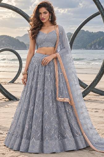 GREY NET THREAD WITH ZARI AND SEQUIN WORK FESTIVE LEHENGA CHOLI