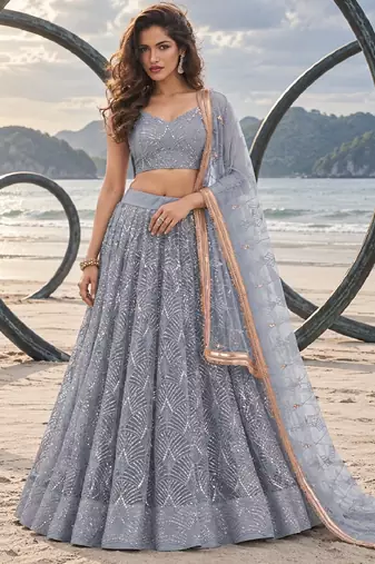 GREY NET THREAD WITH ZARI AND SEQUINCE WORK FESTIVE LEHENGA CHOLI SET FOR WOMEN'S
