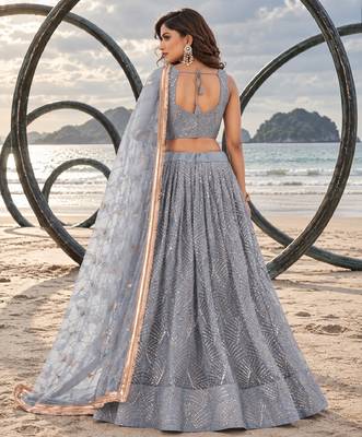 GREY NET THREAD WITH ZARI AND SEQUINCE WORK FESTIVE LEHENGA CHOLI SET FOR WOMEN'S 2