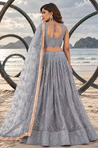 GREY NET THREAD WITH ZARI AND SEQUINCE WORK FESTIVE LEHENGA CHOLI SET FOR WOMEN'S