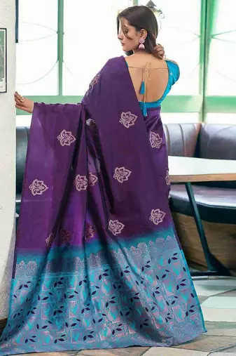 Purple rama silk blend jacuard work festival saree with unstitched blouse piece