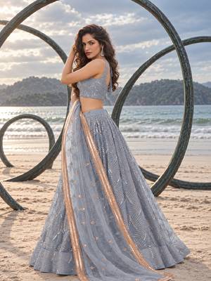 GREY NET THREAD WITH ZARI AND SEQUINCE WORK FESTIVE LEHENGA CHOLI SET FOR WOMEN'S 3
