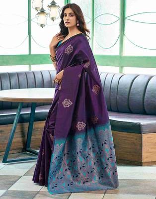Purple rama silk blend jacuard work festival saree with unstitched blouse piece 3