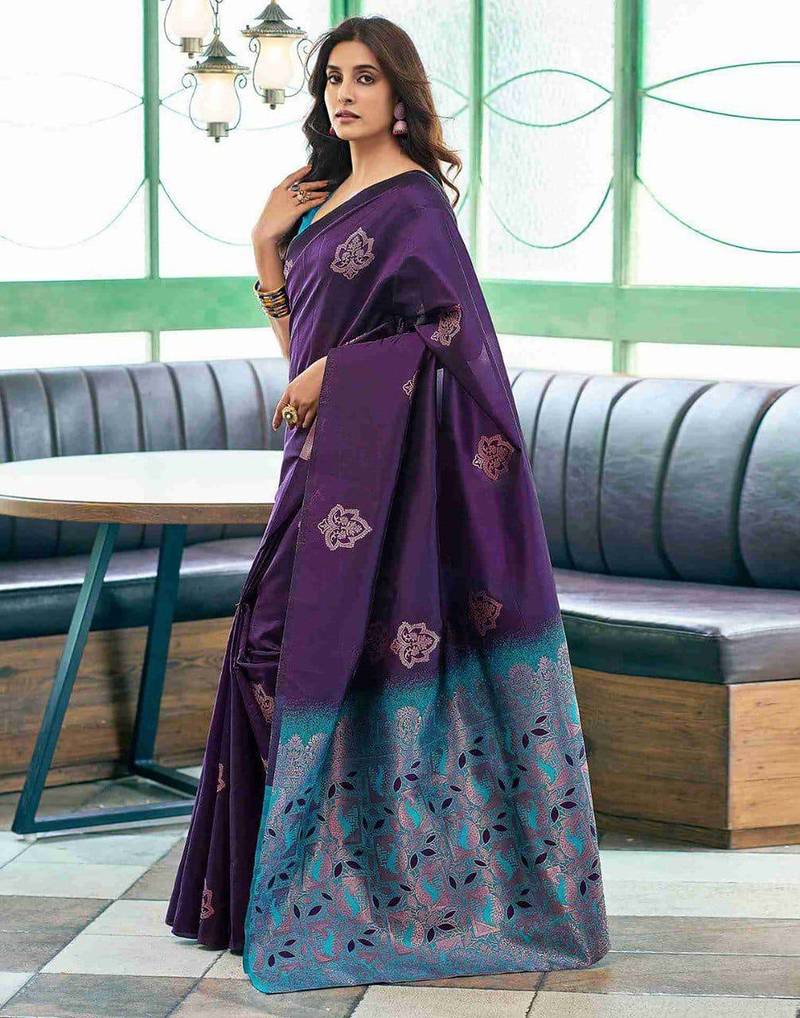 Purple rama silk blend jacuard work festival saree with unstitched blouse piece