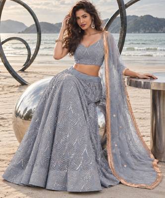 GREY NET THREAD WITH ZARI AND SEQUINCE WORK FESTIVE LEHENGA CHOLI SET FOR WOMEN'S 4