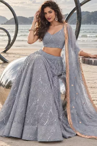 GREY NET THREAD WITH ZARI AND SEQUINCE WORK FESTIVE LEHENGA CHOLI SET FOR WOMEN'S