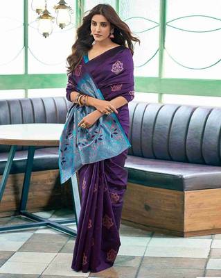 Purple rama silk blend jacuard work festival saree with unstitched blouse piece 4