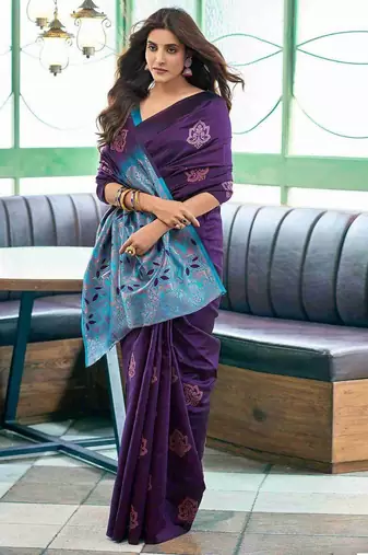 Purple rama silk blend jacuard work festival saree with unstitched blouse piece