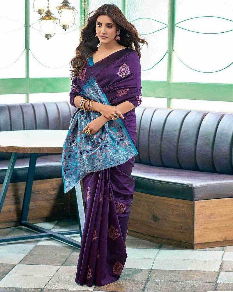 Purple rama silk blend jacuard work festival saree with unstitched blouse piece