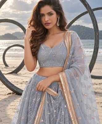 GREY NET THREAD WITH ZARI AND SEQUINCE WORK FESTIVE LEHENGA CHOLI SET FOR WOMEN'S 5
