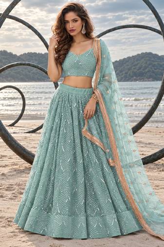 DUSTY GREEN NET THREAD WITH ZARI AND SEQUIN WORK FESTIVE LEHENGA CHOLI