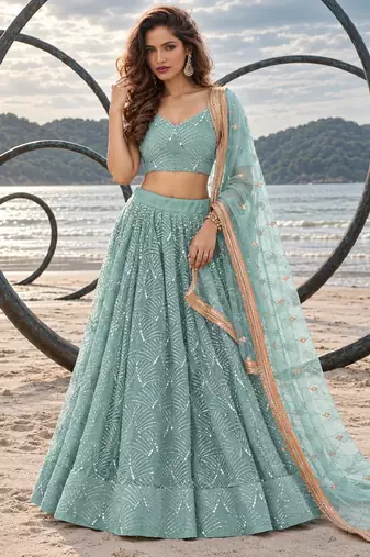 DUSTY GREEN NET THREAD WITH ZARI AND SEQUINCE WORK FESTIVE LEHENGA CHOLI SET FOR WOMEN'S
