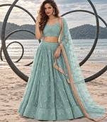 DUSTY GREEN NET THREAD WITH ZARI AND SEQUINCE WORK FESTIVE LEHENGA CHOLI SET FOR WOMEN'S