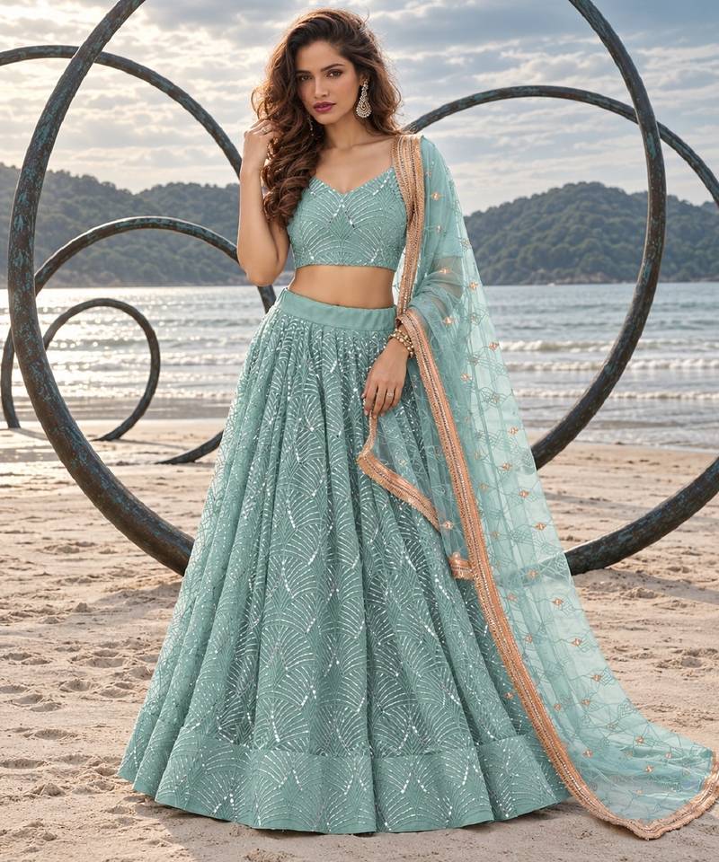 DUSTY GREEN NET THREAD WITH ZARI AND SEQUINCE WORK FESTIVE LEHENGA CHOLI SET FOR WOMEN'S
