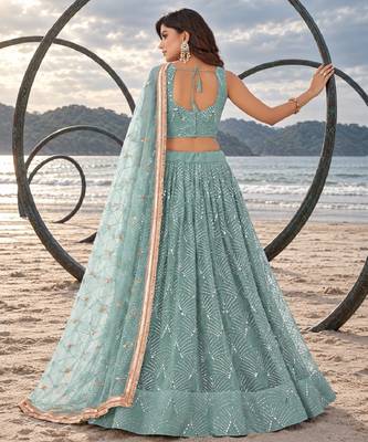 DUSTY GREEN NET THREAD WITH ZARI AND SEQUINCE WORK FESTIVE LEHENGA CHOLI SET FOR WOMEN'S 2