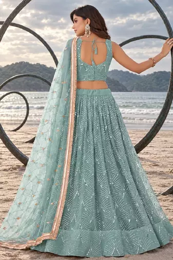 DUSTY GREEN NET THREAD WITH ZARI AND SEQUINCE WORK FESTIVE LEHENGA CHOLI SET FOR WOMEN'S