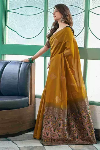 Yellow green silk blend jacuard work festival saree with unstitched blouse piece