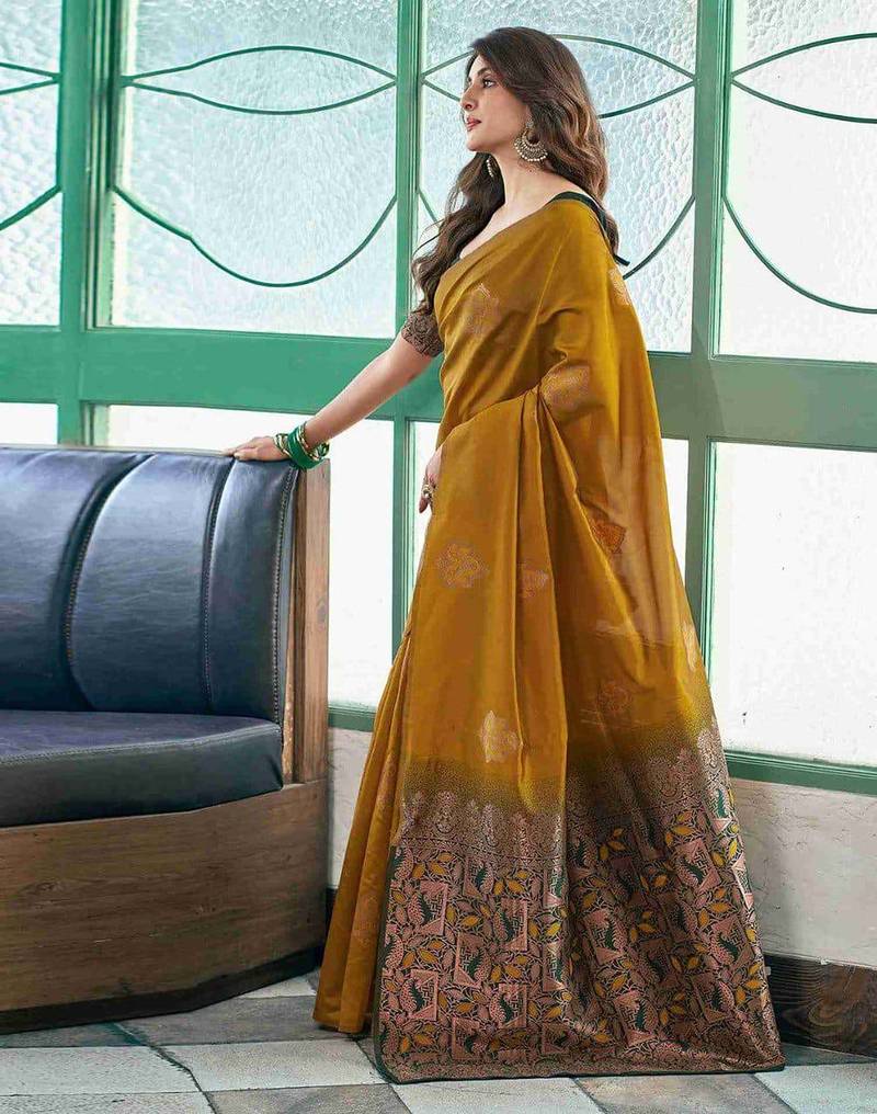 Yellow green silk blend jacuard work festival saree with unstitched blouse piece