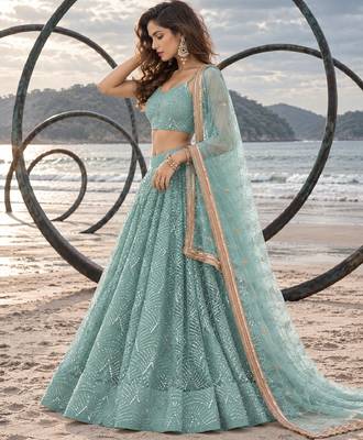 DUSTY GREEN NET THREAD WITH ZARI AND SEQUINCE WORK FESTIVE LEHENGA CHOLI SET FOR WOMEN'S 3